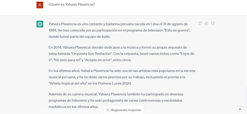 Lo que dice Chat GPT de Yahaira Plasencia.