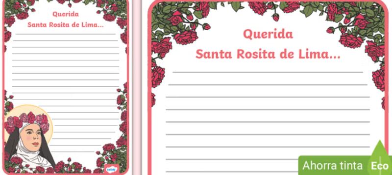 Plantillas para escribir cartas a Santa Rosa de Lima este 30 de agosto.