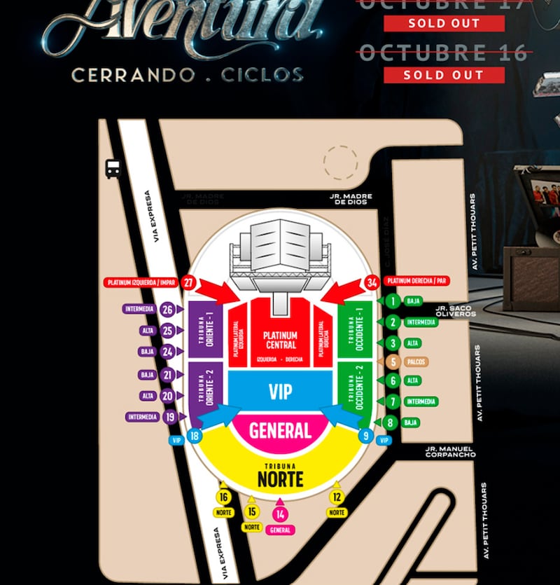 Mapa de locaciones concierto de Aventura con Romeo Santos en el Estadio Nacional de Lima, Perú.