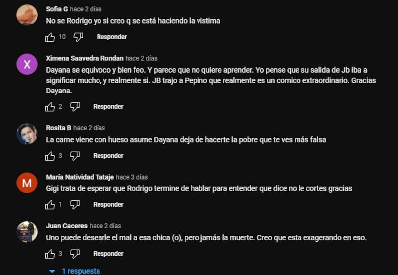 Comentarios en el video de Amor y Fuego por caso Dayanita