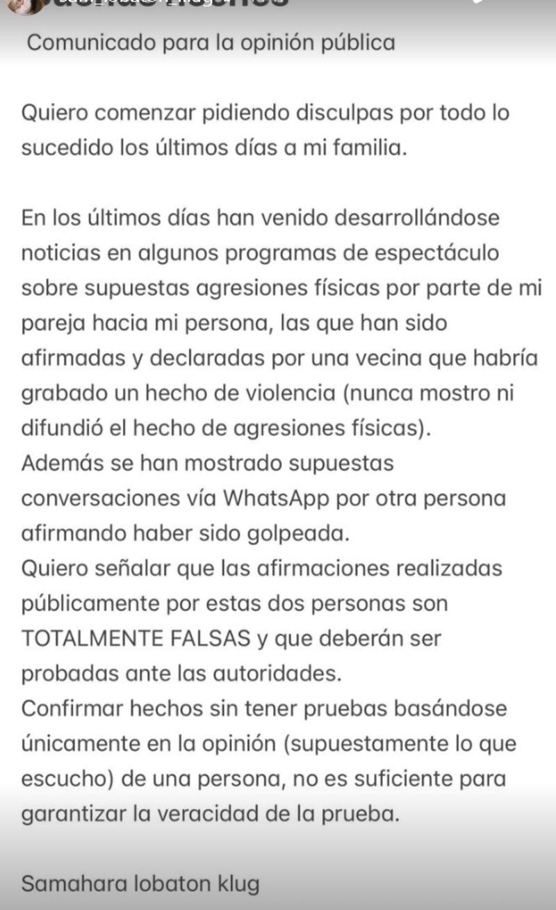 Samahara Lobatón negó agresiones de Bryan Torres.