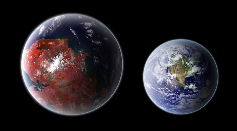 Representación del exoplaneta Kepler-442b al lado de la Tierra. Imagen: Wikimedia Commons