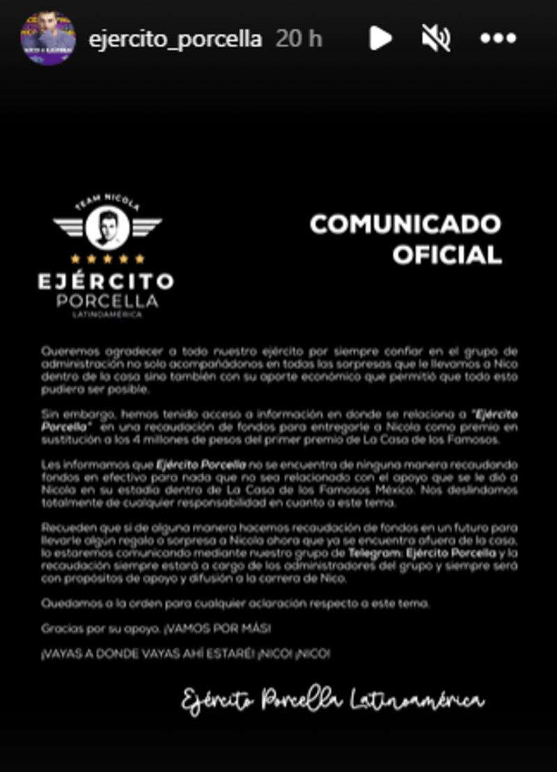 El comunicado del "Ejército Porcella"