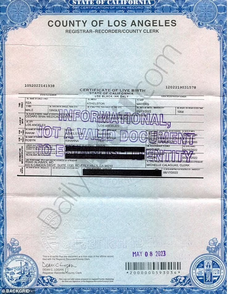 Certidão de nascimento do filho de Rihanna obtida pelo Daily Mail