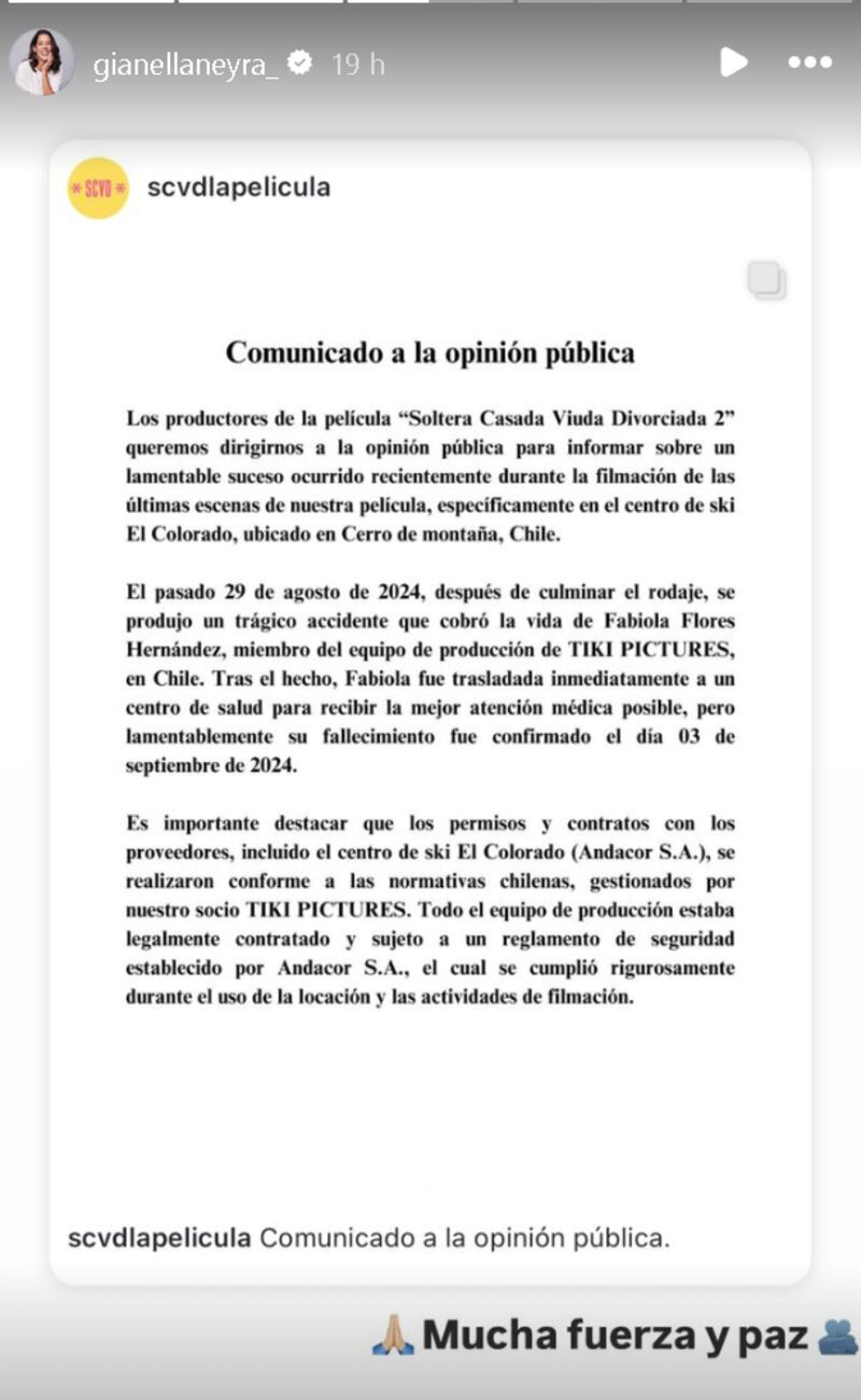 Gianella Neyra reacciona a trágica muerte en equipo de producción de "Solteras, casada, viuda y divorciada".