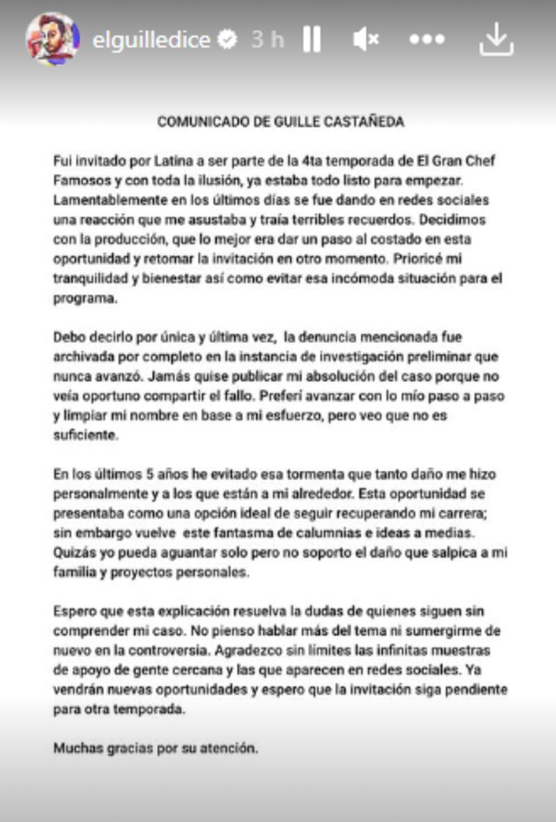 Comunicado de Guillermo Castañeda.