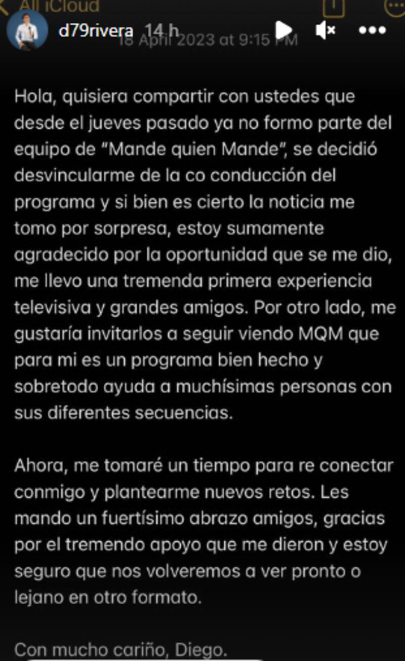 Comunicado de Diego Rivera anunciando su salida de Mande Quien Mande