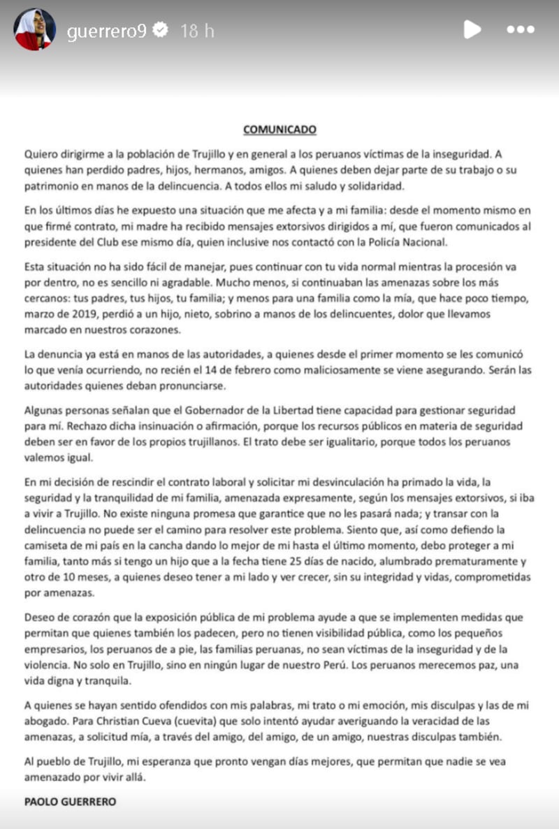 Paolo Guerrero ratifica su decisión de no jugar con el Vallejo.