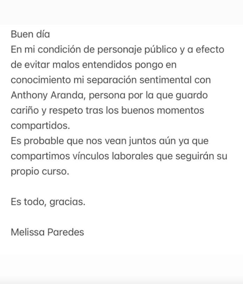 Melissa Paredes confirma el fin de su relación con Anthony Aranda.