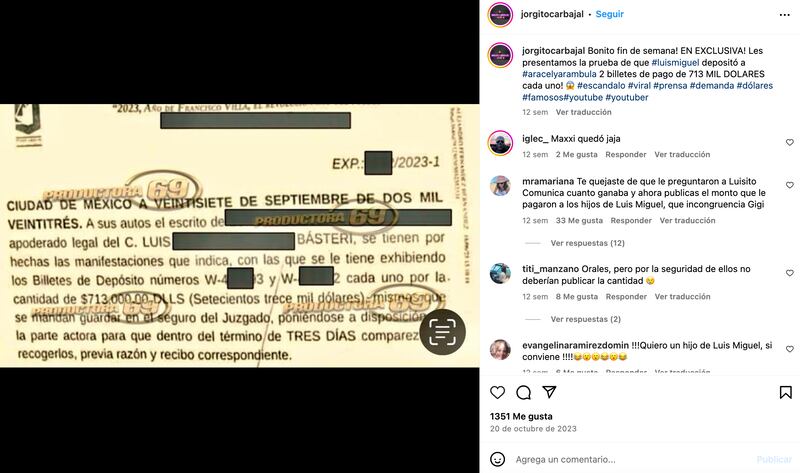 Revelan la cantidad que Luis Miguel habría depositado a Aracely Arámbula.