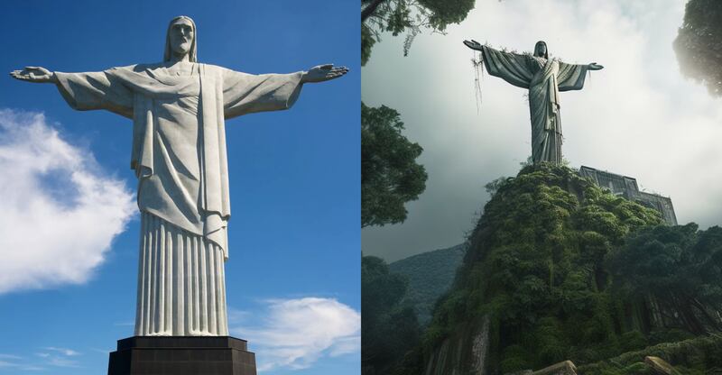 La Inteligencia Artificial muestra al Cristo Redentor en una selva oscura