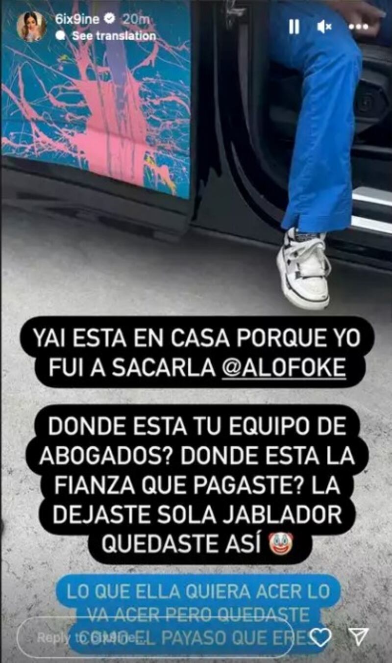 Tekashi69 publicó esta foto de una pierna de Yailin bajando del carro para quedarse en su casa tras salir de su detención por maltrato en contra de él