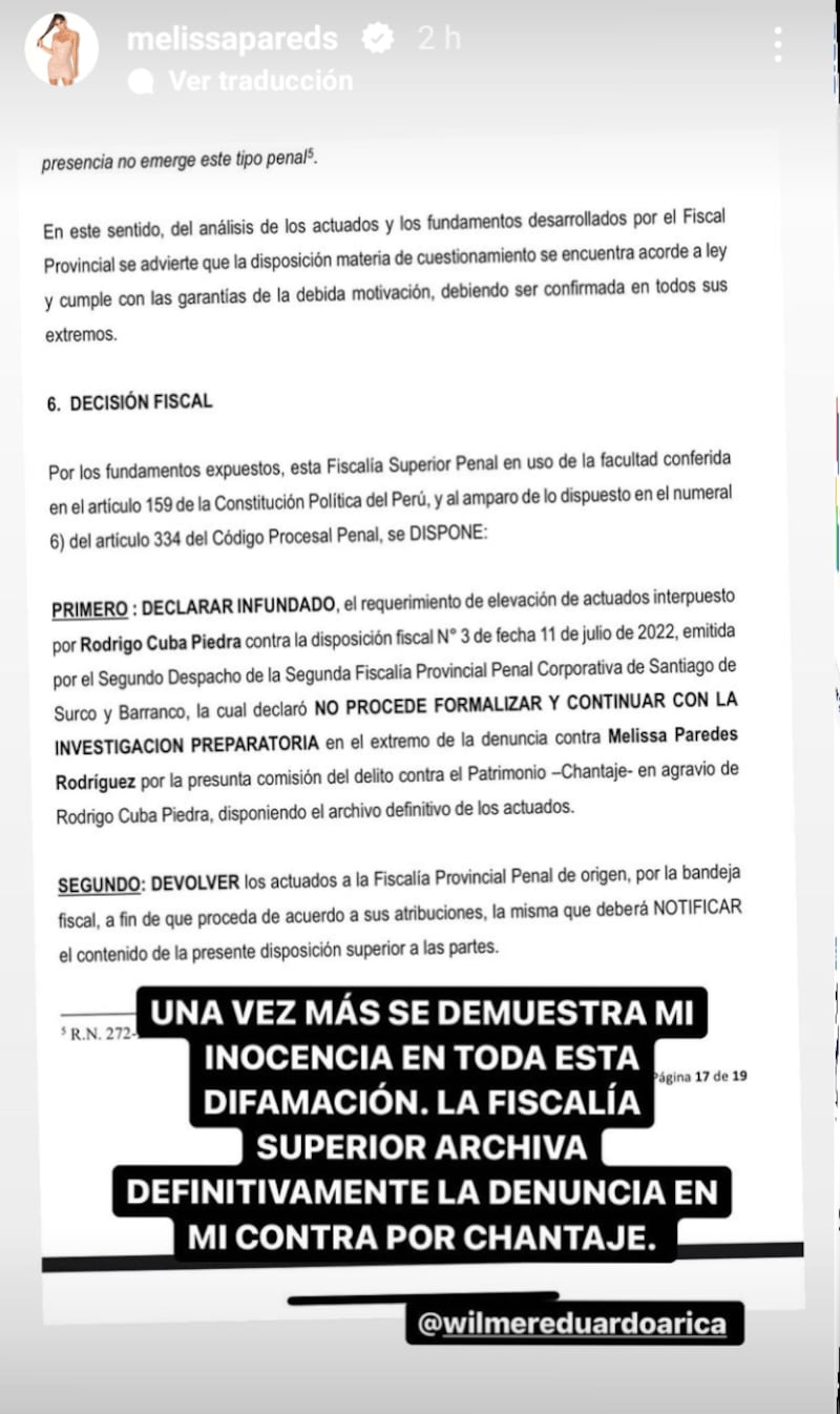 Una historia de Instagram de Melissa Paredes con un documento de su proceso legal.