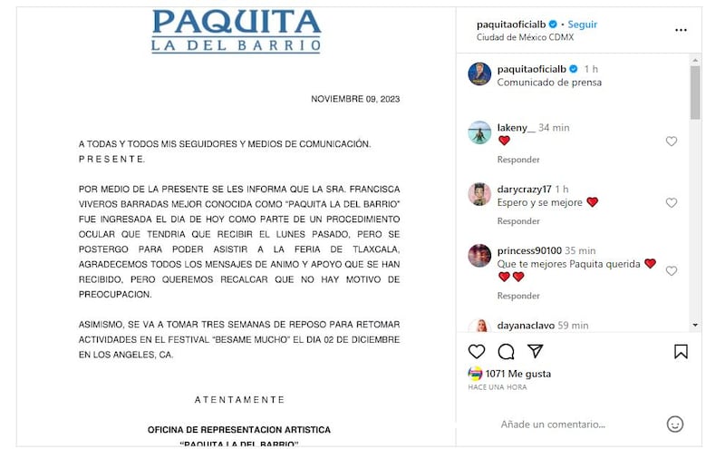 La oficina de representación de Paquita la del barrio esclareció los rumores sobre su salud con este comunicado